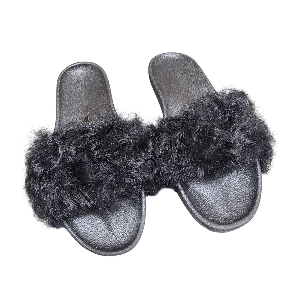 UGG Fluff Fuzz Sandals Women 7 Black Faux Fur Slide Slip On Comfort Casual Shoes